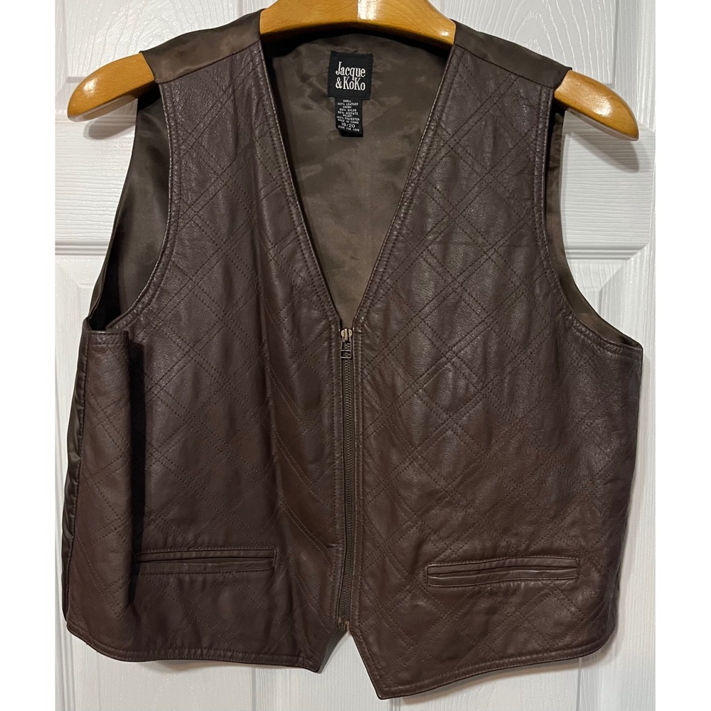 Jacque & KoKo Brown Quilted Leather Vest Zip Front Women's Size 18 20